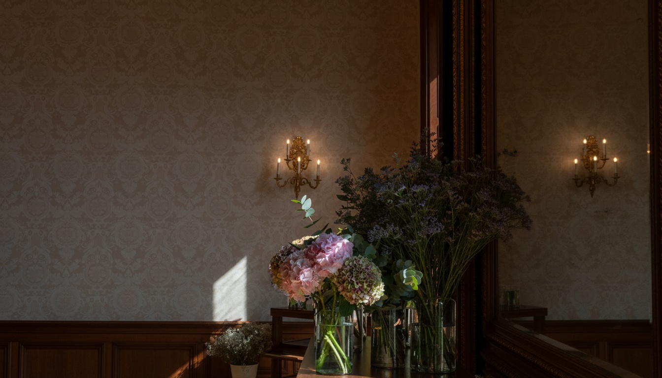 rosé floral studio interior, white roses in tall vase by morning light