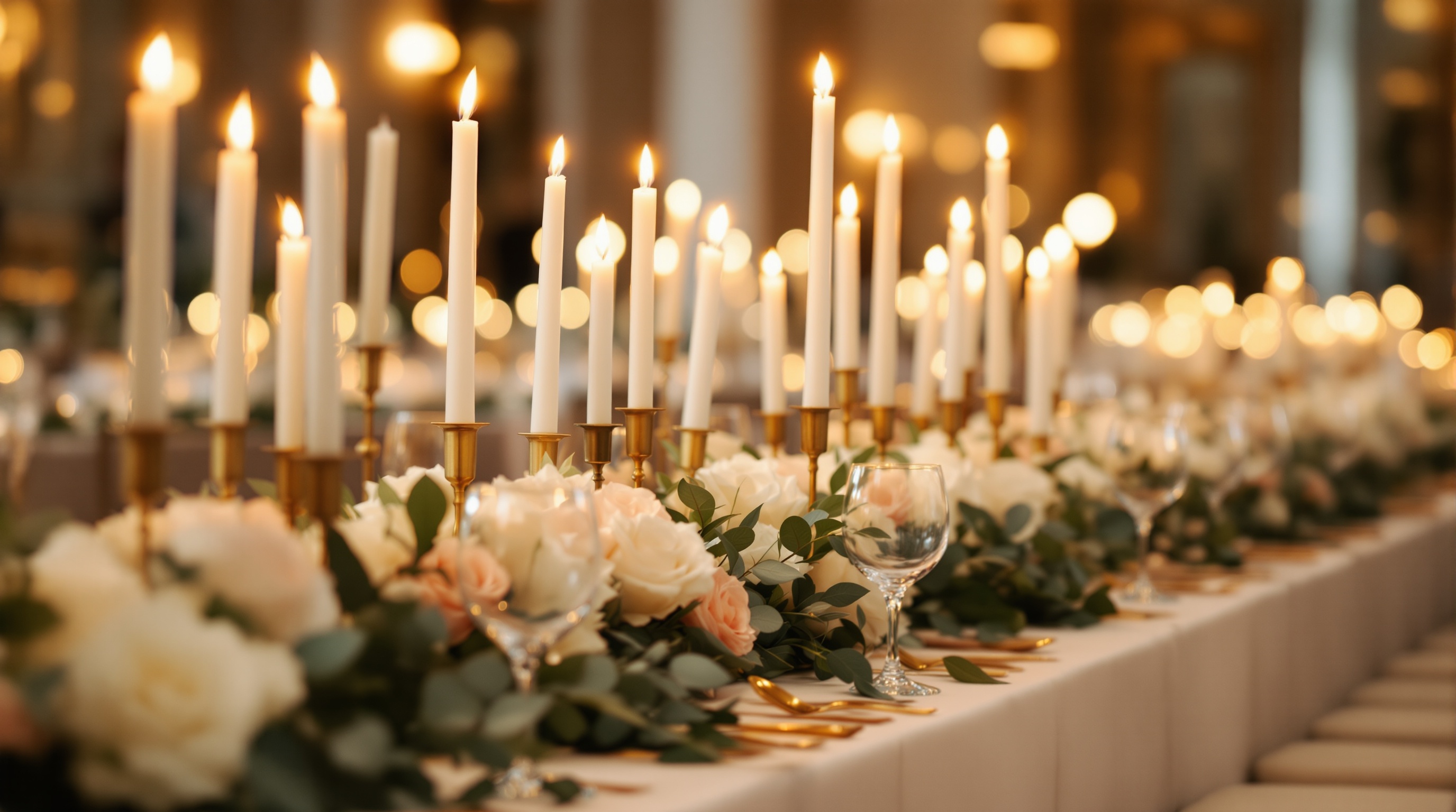 Wedding tablescape with white roses, candles and crystal in a Vienna ballroom