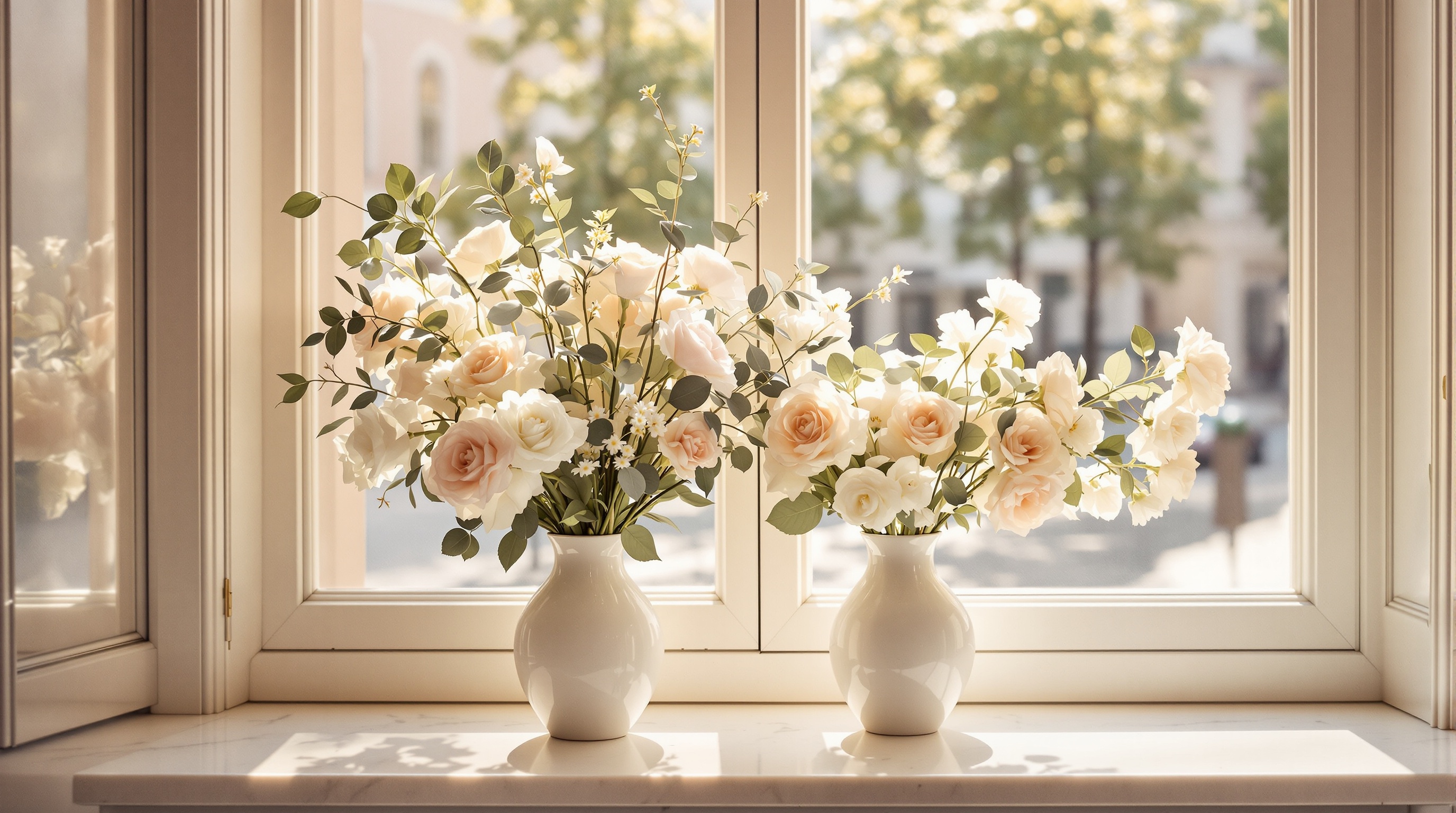 View from inside the rosé floral studio boutique looking out onto a Vienna street